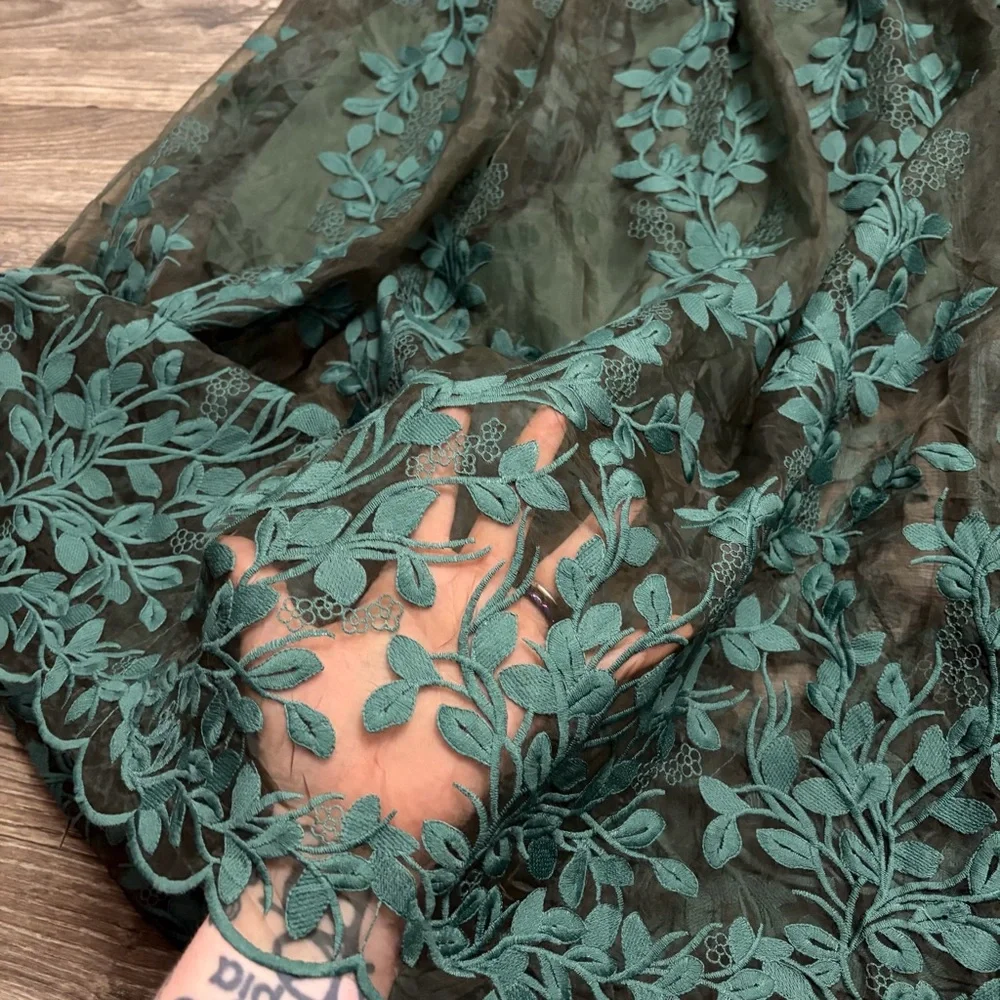 Y2K Vintage Embroidered Floral Foliage Tulle Midi Skirt (Forest Green) L/XL